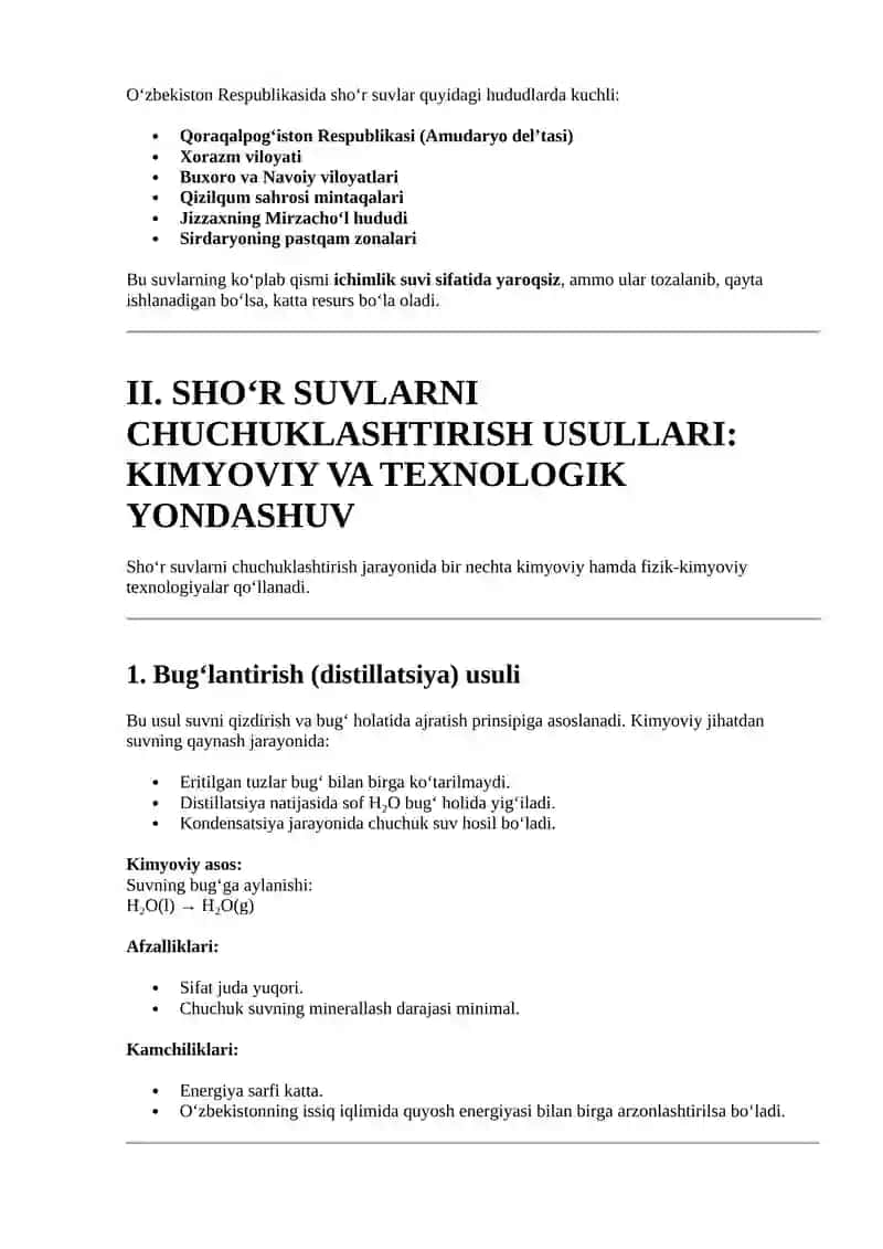 Sho‘rlangan suvlarning kimyoviy tarkibi va ularning O‘zbekiston sho‘rlanish hududlaridagi tarqalishi 2