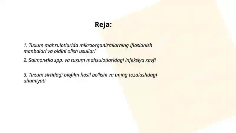 Oziq-ovqat sanoatida (tuxum mahsulotlari ishlab chiqarishda mikroorganizmlarning oʻrni) 2