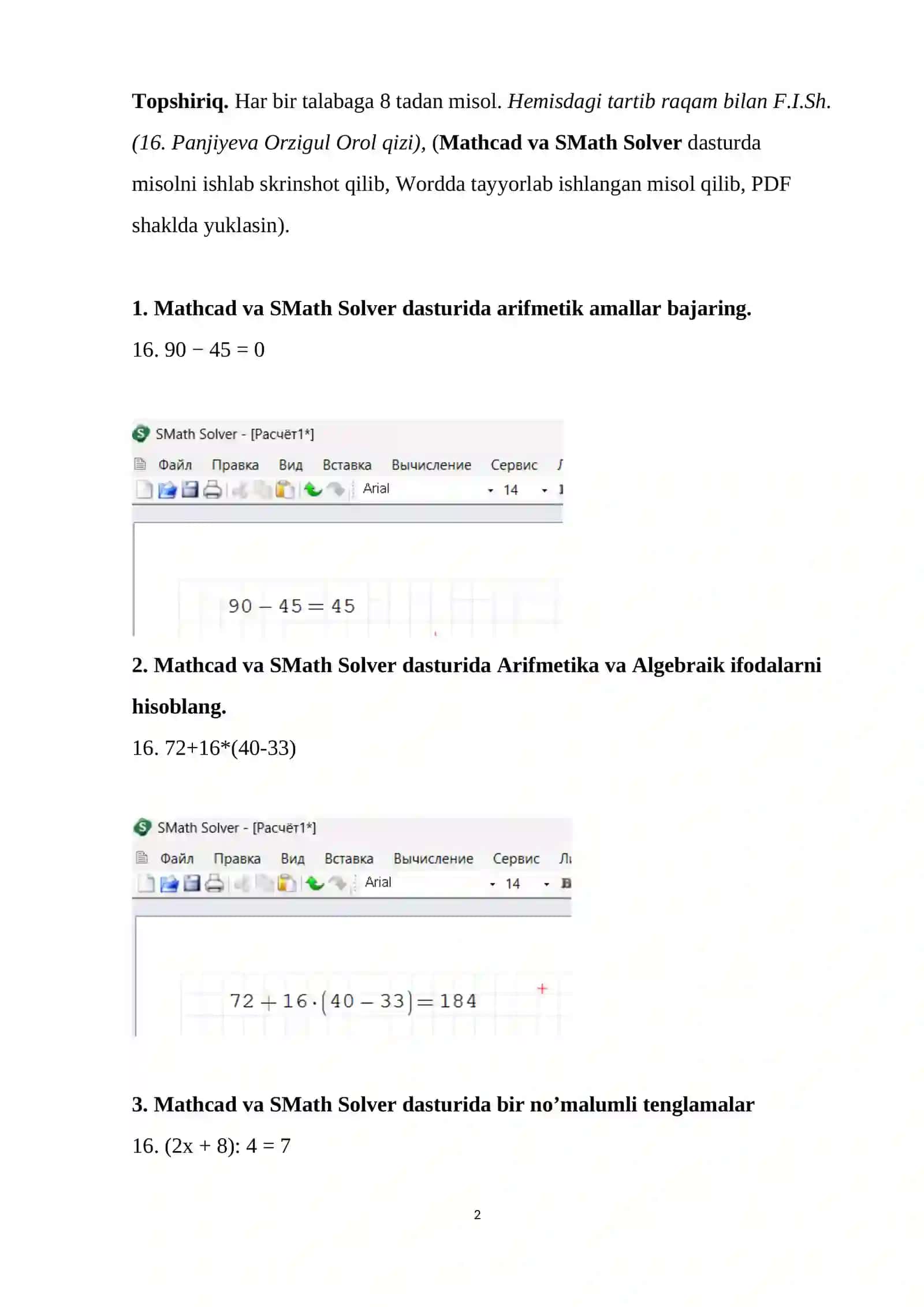 Kompyuterli matematik tizimlar Fanidan  Mathcad va SMath Solver dasturlarida misollar ishlash 2