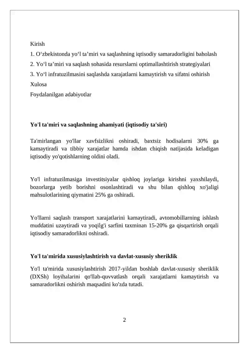 Avtomobil yoʻllari saqlash va tamirlashda iqtisodiy samaradorlig 2