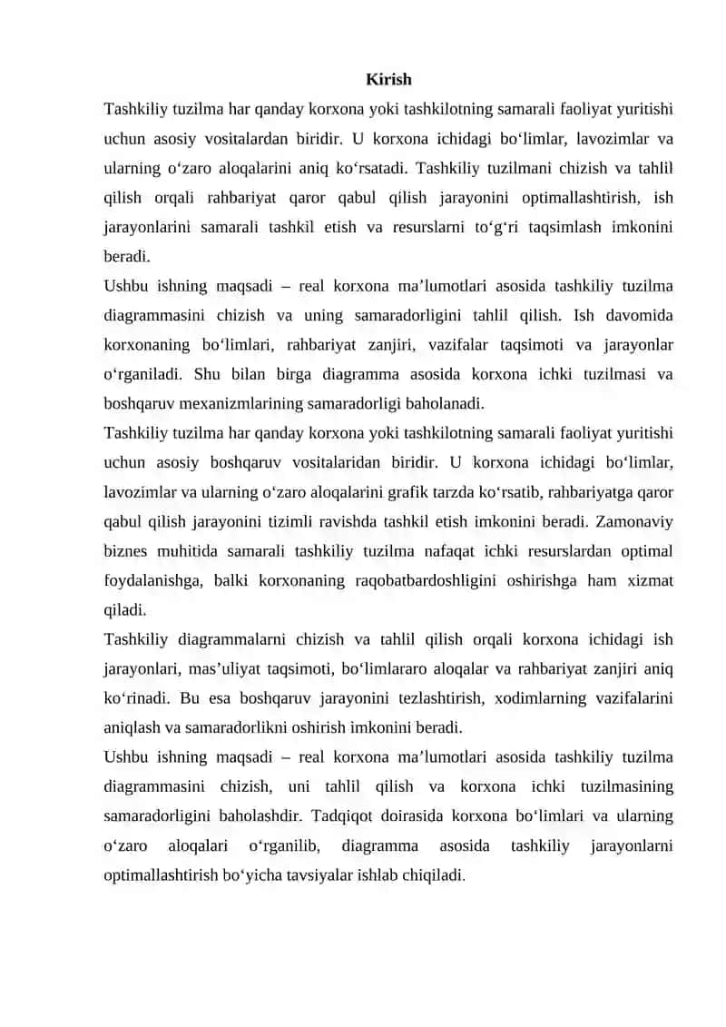 Tashkiliy tuzilma diagrammasini real korxona ma’lumotlari asosida chizish va tahlil qilish 2