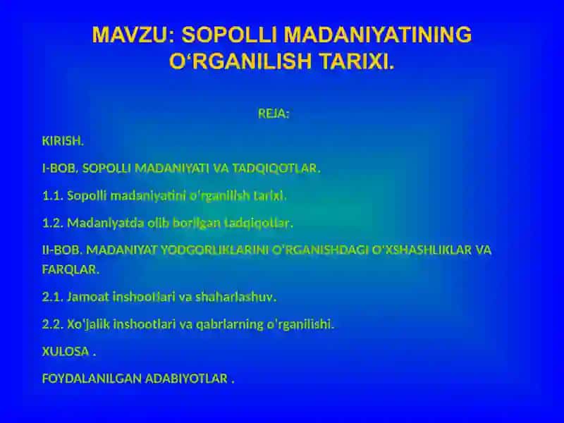 Arxeologiya yonalishi talabasi Faxriddin Hamrayevning Bitiruv malakaviy ishslaydtaqdimoti 2