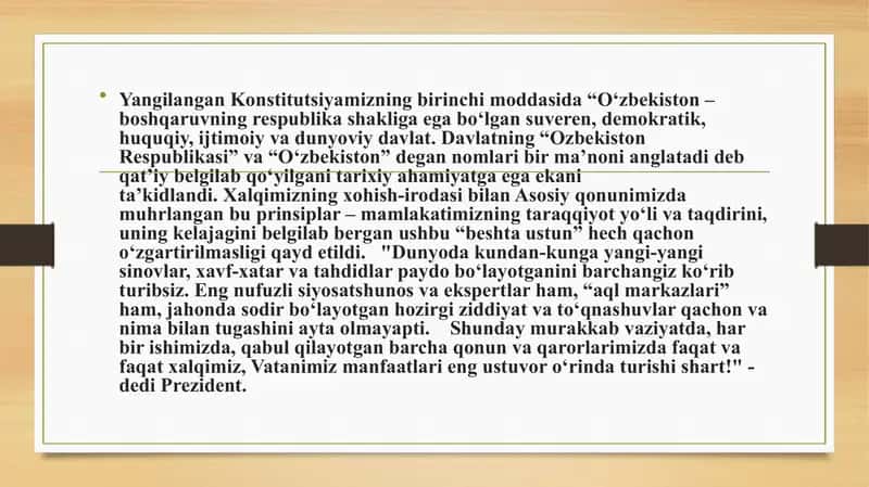 O‘zbekiston suveren, demokratik, huquqiy, ijtimoiy va dunyoviy davlat 2