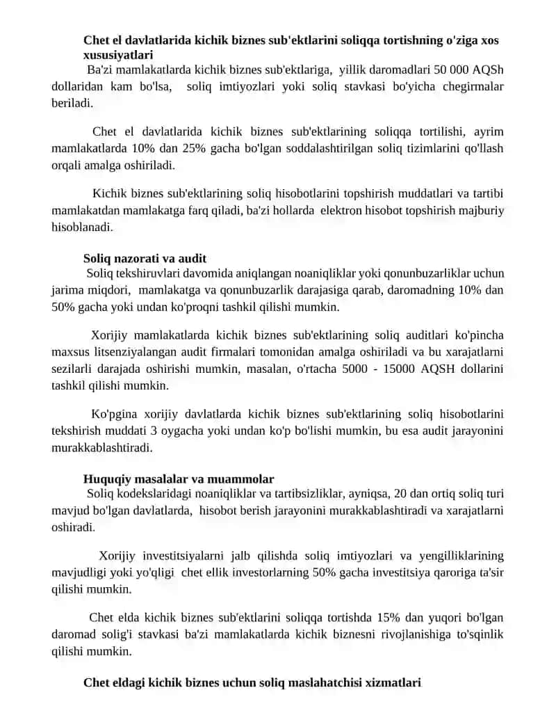 Xorij mamlakatlar kichik biznes sub'ektlarini soliqqa tortishning o'ziga xos xususiyatlari 2