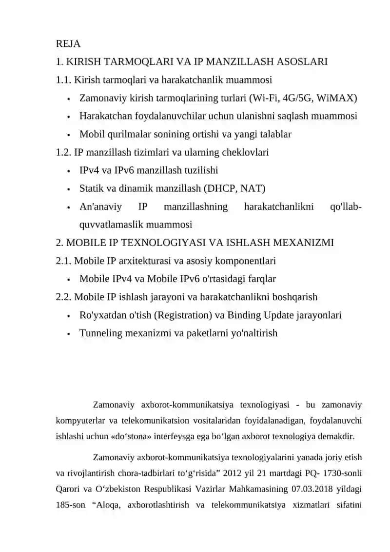 Zamonaviy kirish (access) tarmoqlarida harakatchanlikni boshqarish: Mobil IP va IP manzillash 2