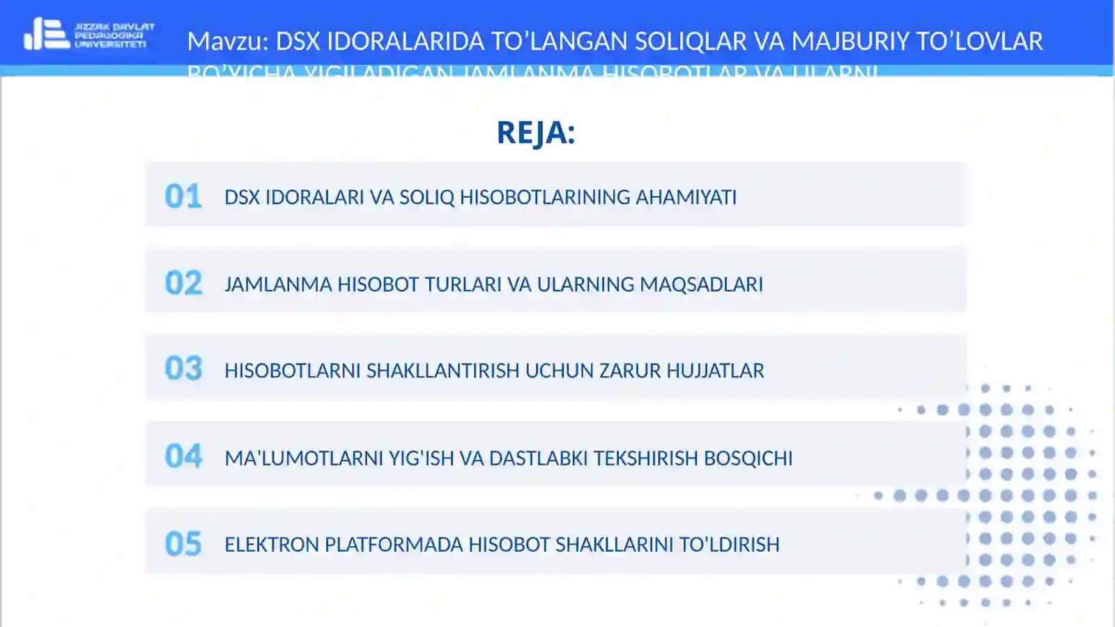 DSX IDORALARIDA TO’LANGAN SOLIQLAR VA MAJBURIY TO’LOVLAR BO’YICHA YIGILADIGAN JAMLANMA HISOBOTLAR VA ULARNI SHAKLLANTIRISH TARTIBI 2