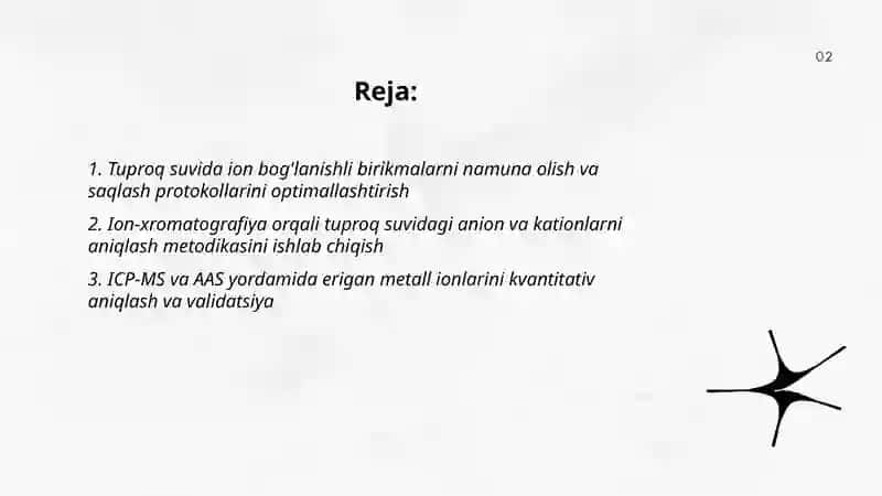 Tuproq suvining ifloslanishida ion bog'lanishli birikmalarni aniqlab ulardan tozalash g'oyasini ishlab chiqish 2