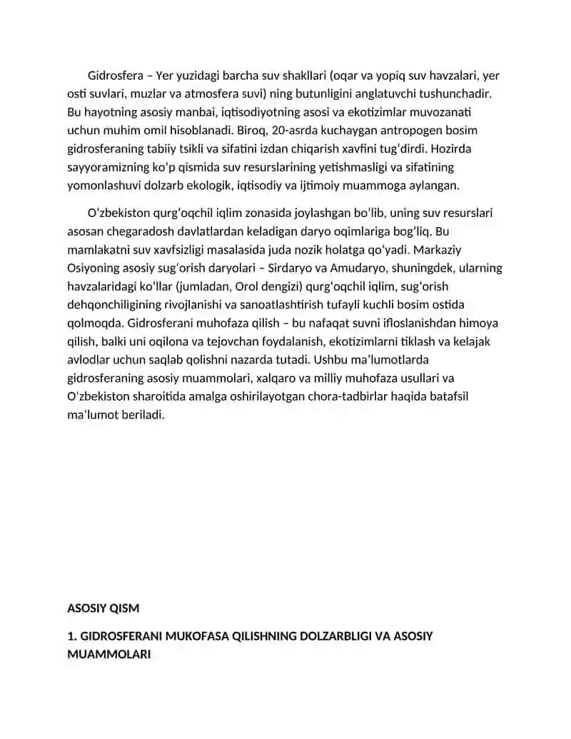 Gidrosferani muhofaza qilish: muammolar, strategiyalar va Oʻzbekiston konteksti 2