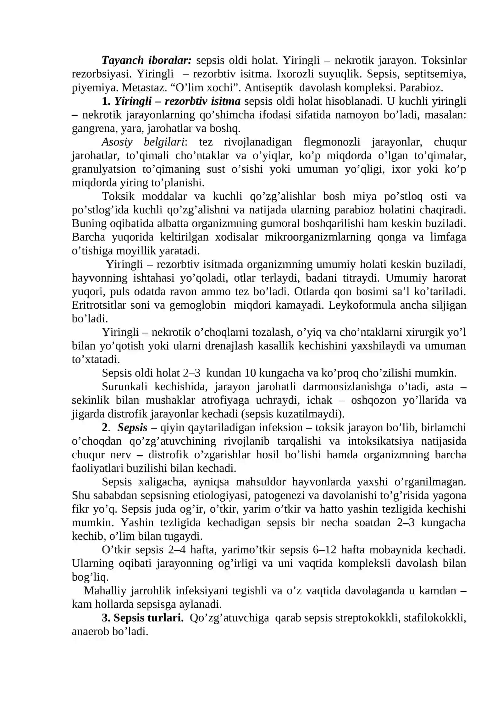 Yiringli – rezorbtiv isitma. Sepsis 2