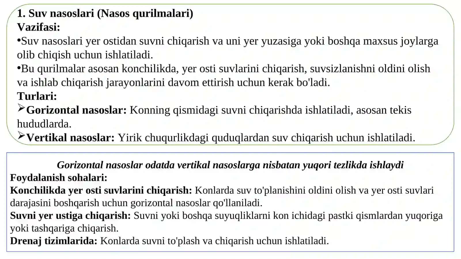Konchilik suv chiqarish qurilma turlari va ularning vazifalari 2