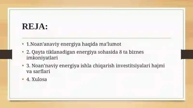 Noan’anaviy energiya ishlash chiqarish korxonalari investitsiya loyihalari 2