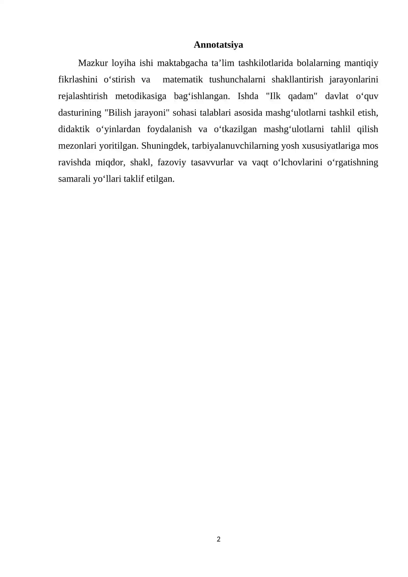 Maktabgacha ta’lim tashkilotida matematik tasavvurlarini shakllantirish, mashg‘ulotlarini rejalashtirish va tahlil qilish 2