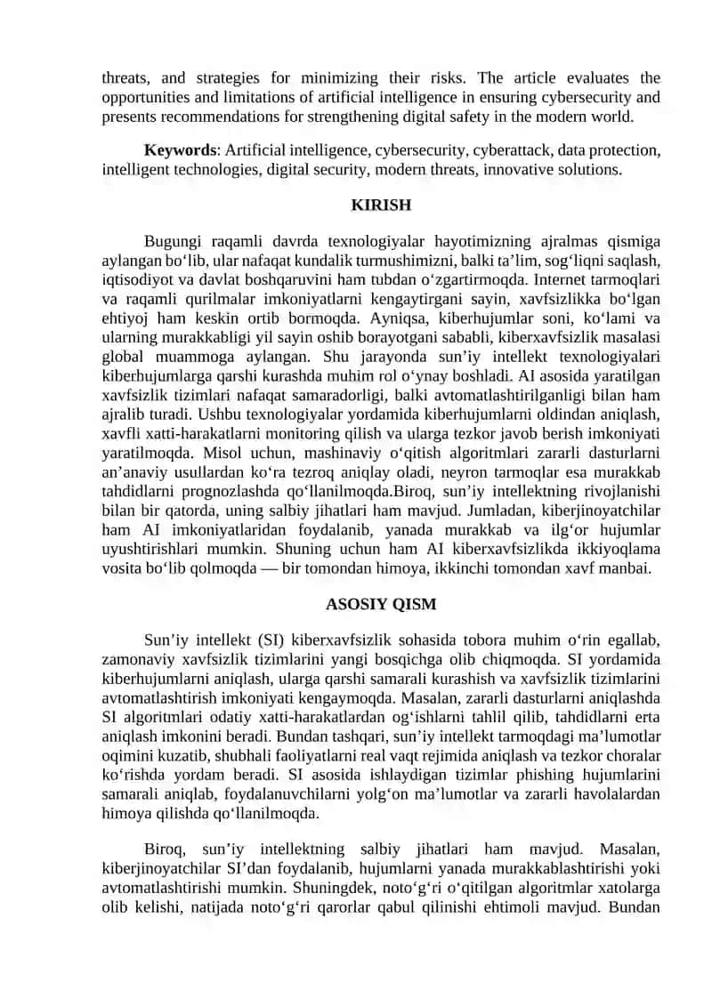 SUN’IY INTELLEKTNING KIBERXAVFSIZLIKDAGI ROLI VA HIMOYALANISH MEXANIZMLARI 2