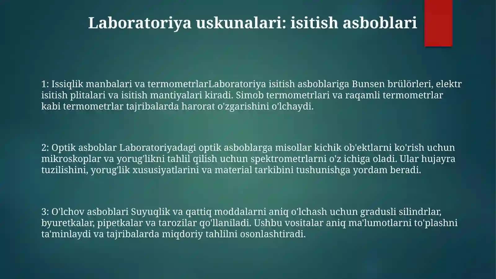 Labaratoriya Jihoz (Isitish, O‘Lchov,Optika Asbob )Larni.Ko‘Rgazmali Qurollar,Ularning Turlari Va Darslarda Ulardan Foydalanish Metodikasi 2