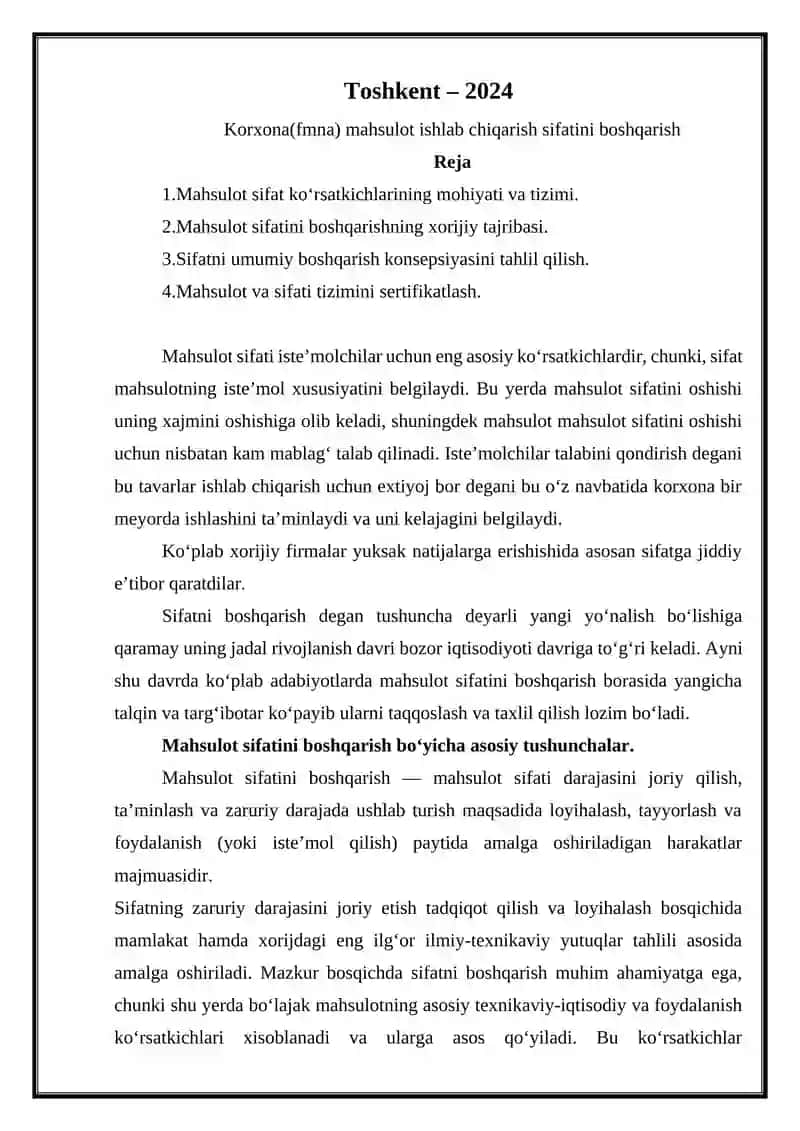 Korxona(fmna) mahsulot ishlab chiqarish sifatini boshqarish 2