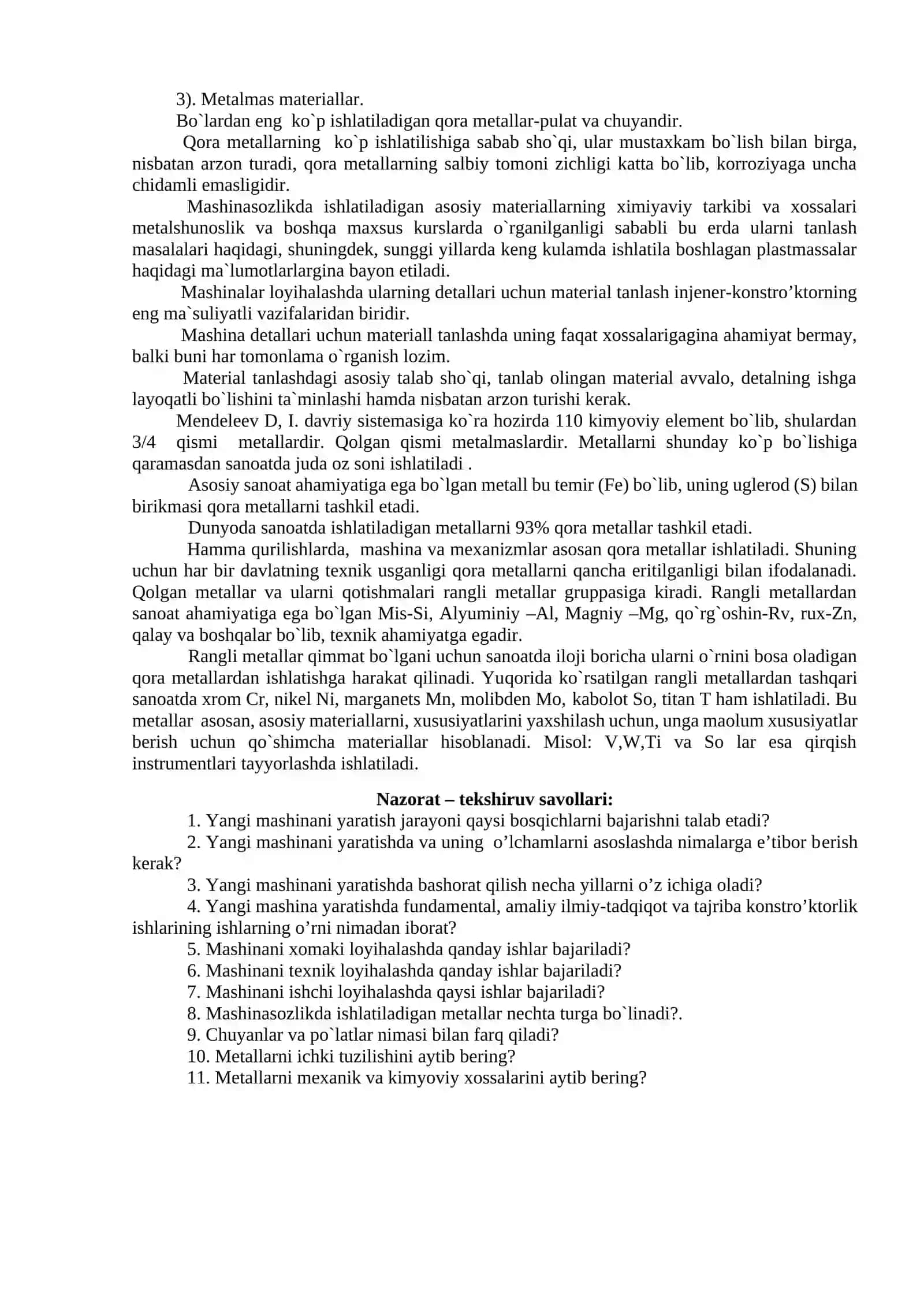 Mashinalarni yaratish bosqichlari. Mashinasozlikda ishlatiladigan konstro’kcion materiallar 2