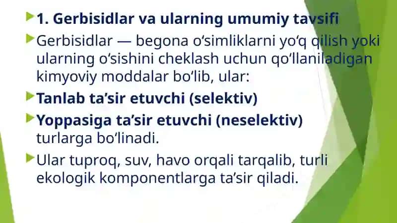 Atrof-muhit ob’ektlarining ifloslanishida gerbisidlarning tutgan urni va ahamiyati 2