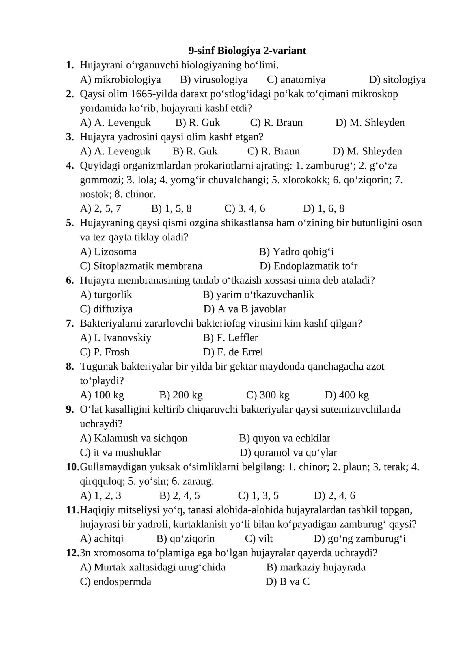 9-sinf Biologiya 1-variant 2
