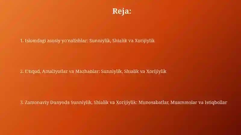 Islom dinida asosiy yoʻnalishlar sunʼiylik shialik xorijiylik 2