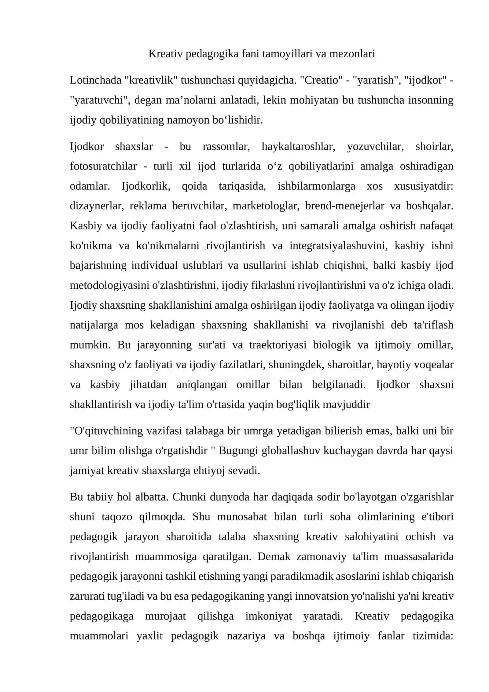 Kreativ pedagogika fanini o’qitishda ta’lim olganlikni natijalarini tekshirish va baholash tamoyillari 2