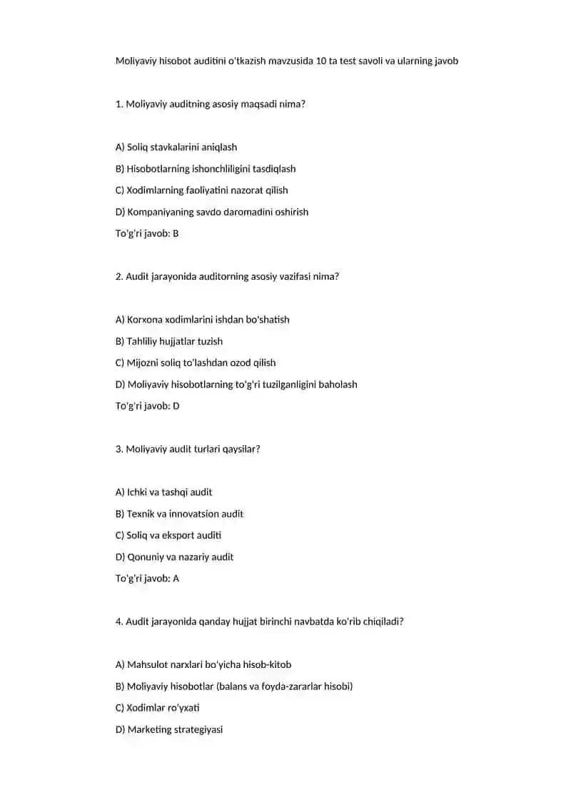 moliyaviy audit fanidan krasvord va test 2