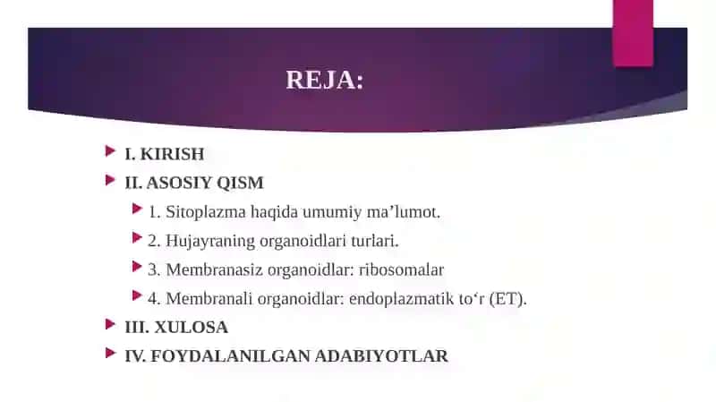 SITOPLAZMA HUJAYRANING MEMBRANASIZ VA MEMBRANALI ORGANOIDLARI ENDOPLAZMATIK TOR RIBOSOMA GOLJI MAJMUOSI 2