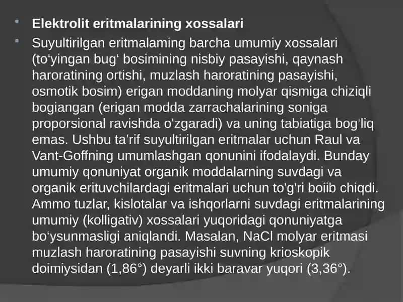 Elektrolitik eritmalarning elektr o’tkazauvchanligi 2