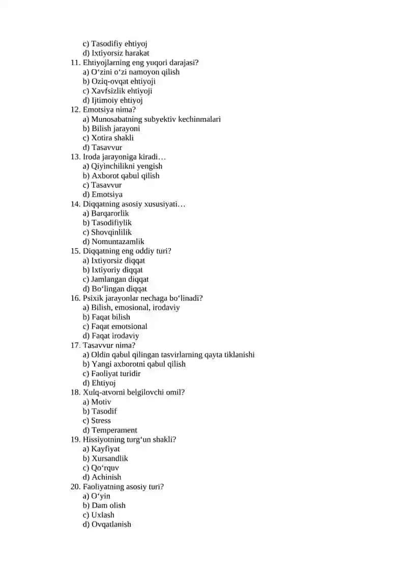 Umumiy psixologiya — 30 ta test 2