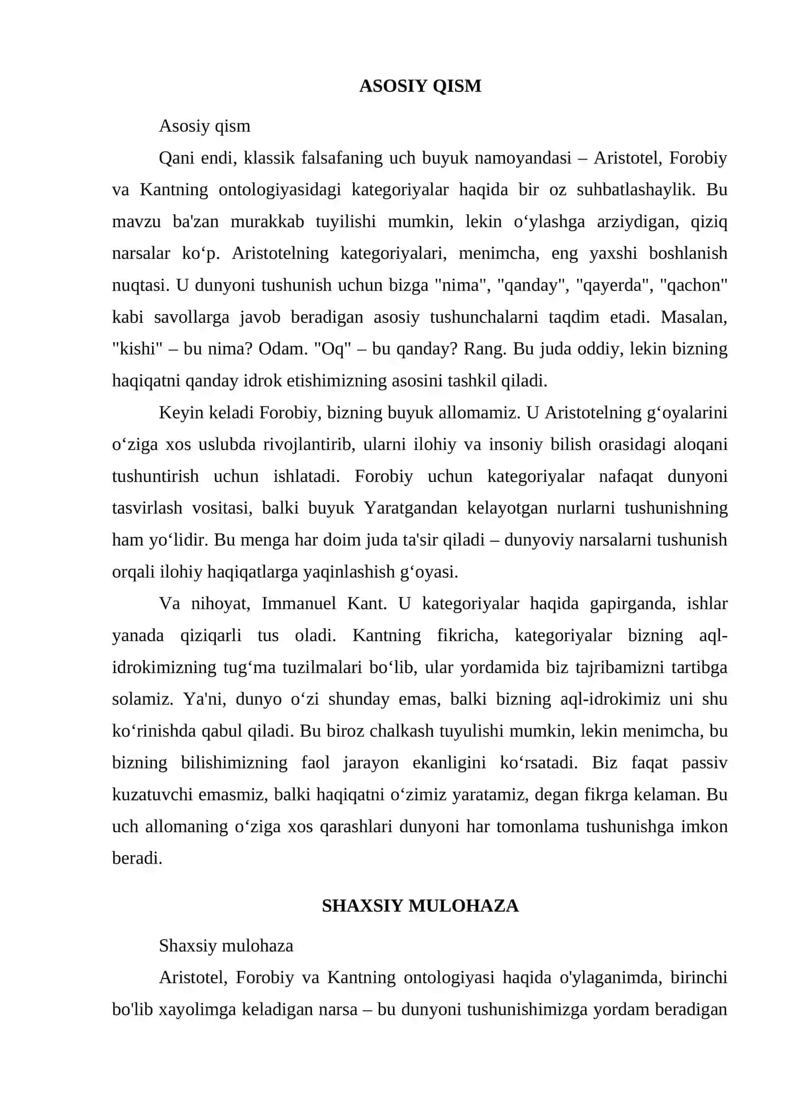 ARISTOTEL, FOROBIY VA KANT ONTOLOGIYASIDA KATEGORIYALARNING TASNIFI 2