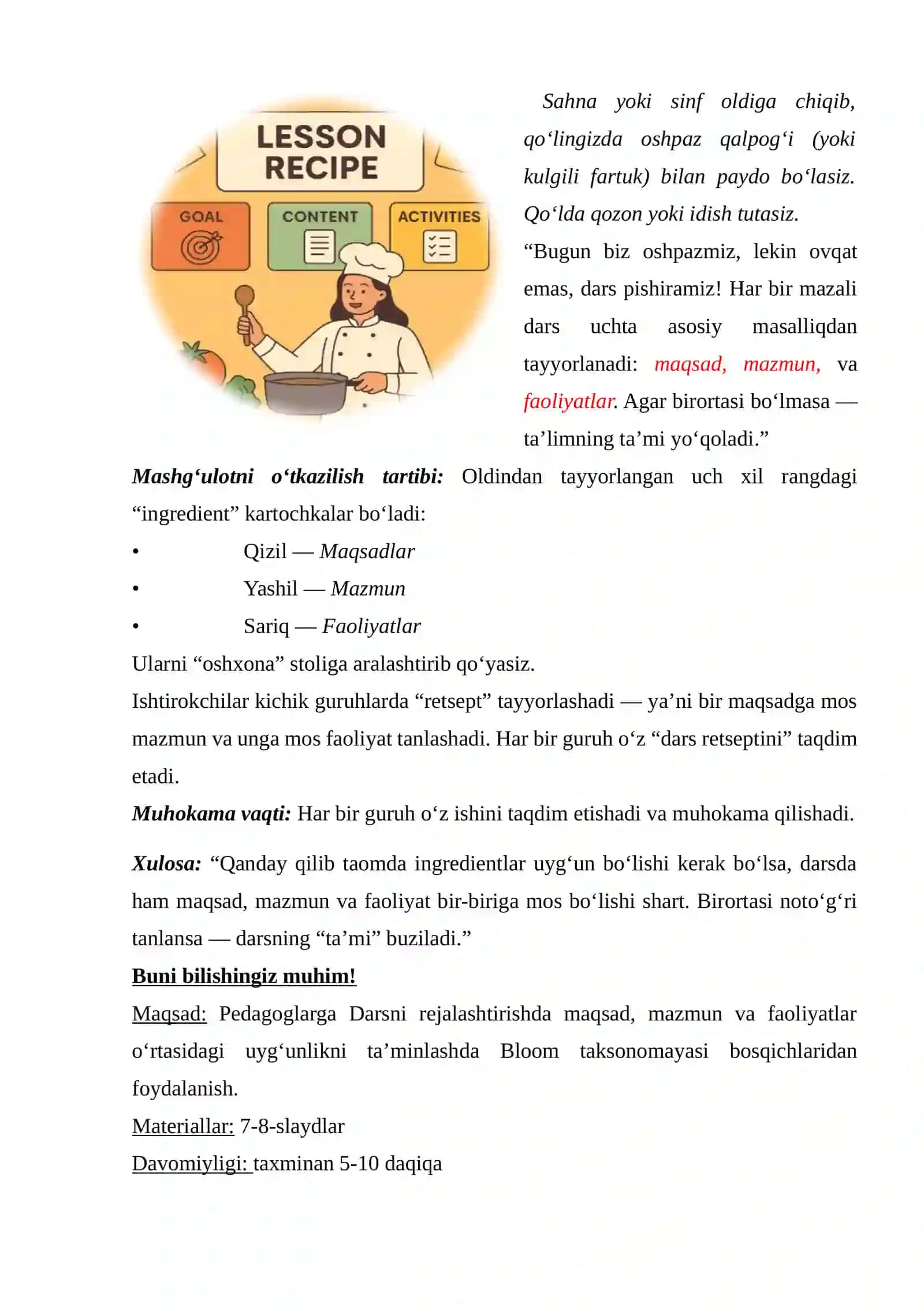 Darsni rejalashtirishda maqsad, mazmun va faoliyatlar o‘rtasidagi uyg‘unlikni ta’minlash (1-qism) 2