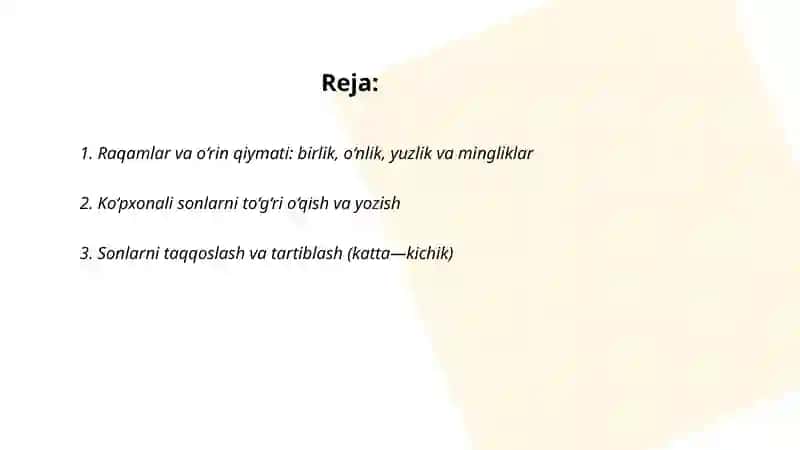 Ko‘pxonali sonlar ustida ishlash va ular ustida arifmetik amallar bajarishni o‘rganish 2