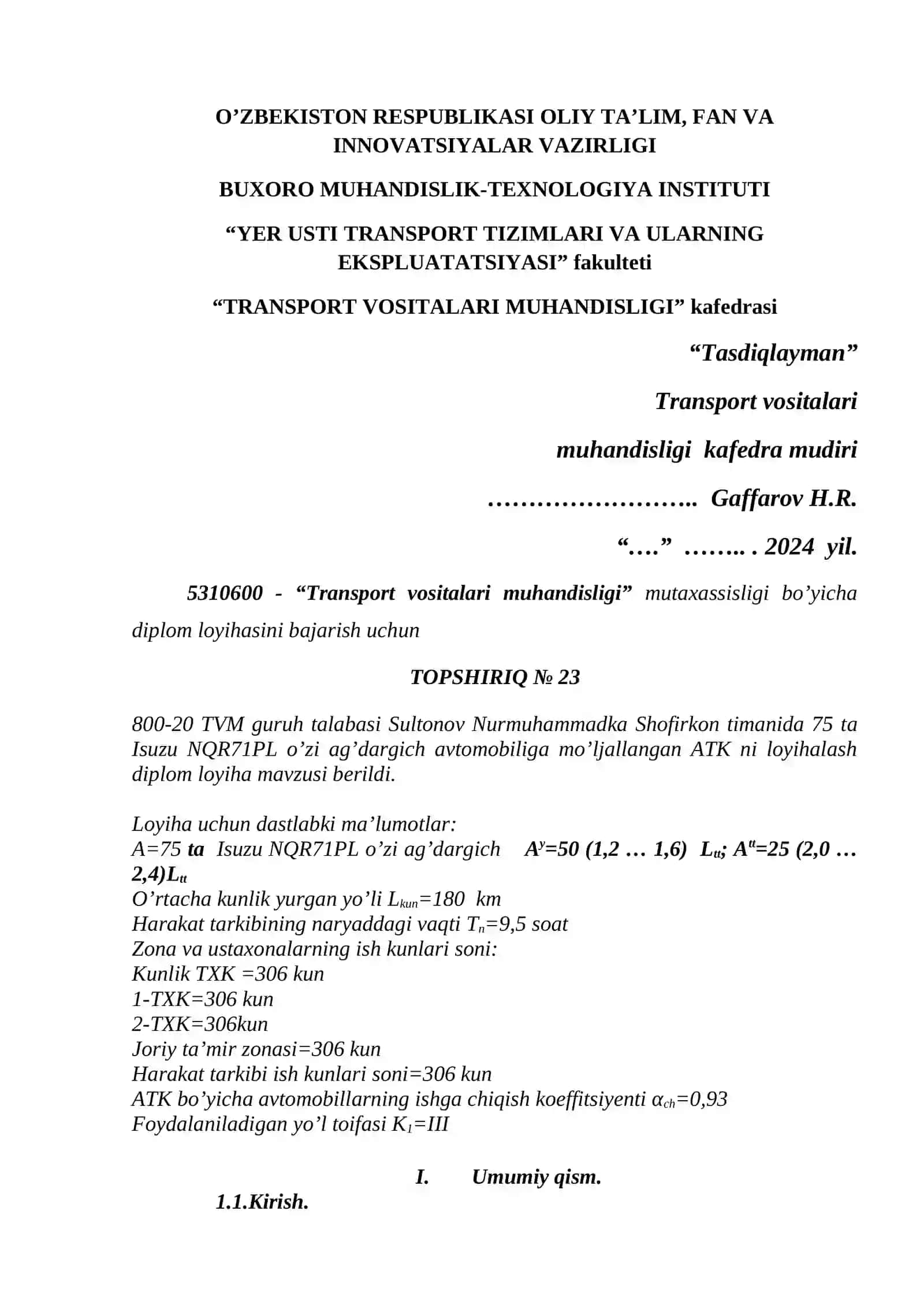 Shofirkon timanida 75 ta Isuzu NQR71PL o’zi ag’dargich avtomobiliga mo’ljallangan ATK ni loyihalash 2