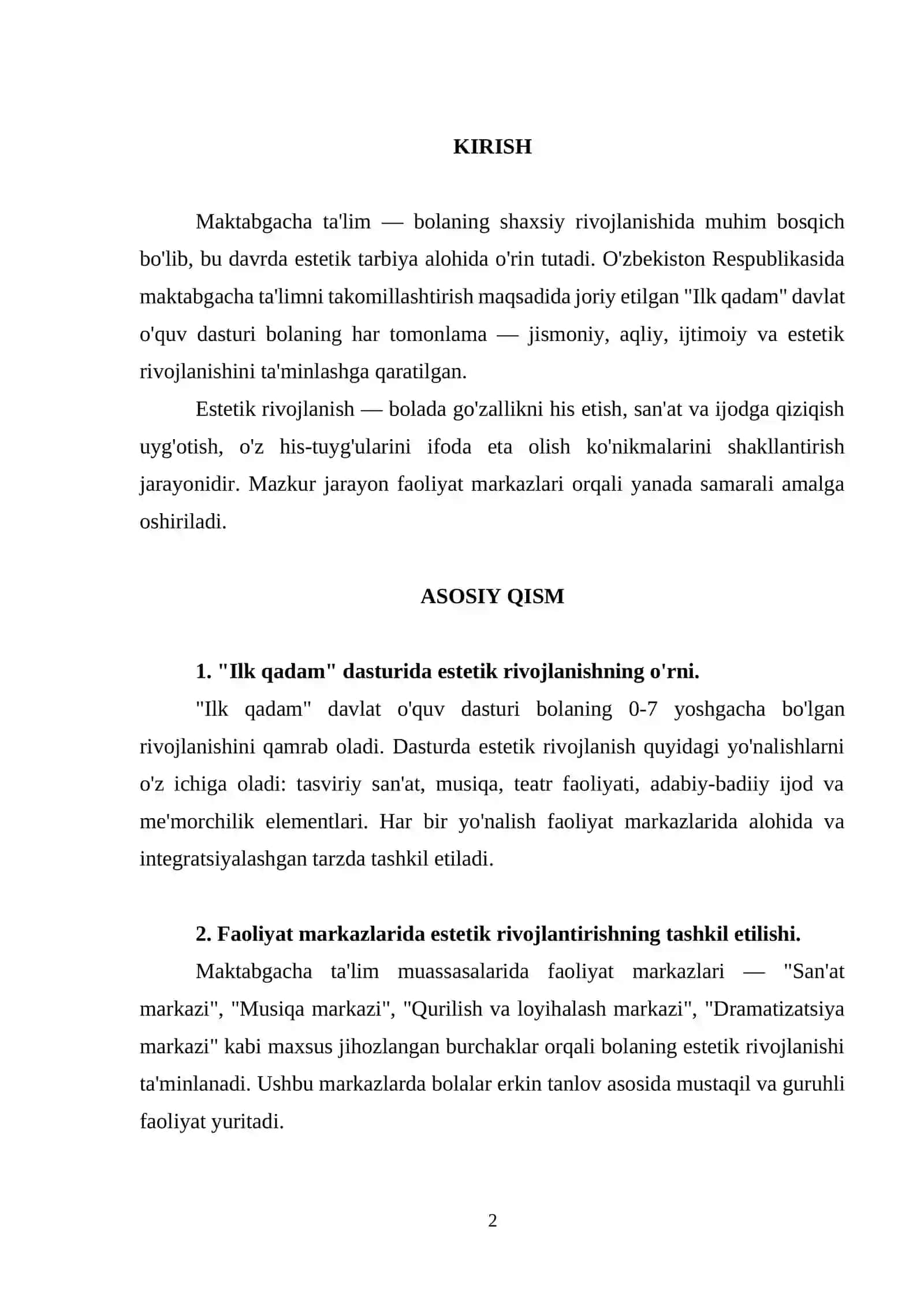 TAKOMILLASHTIRILGAN ILK QADAM DAVLAT O'QUV DASTURI ASOSIDA FAOLIYAT MARKAZLARIDA MAKTABGACHA YOSHDAGI BOLALARNI ESTETIK RIVOJLANTIRISHNI TASHKIL ETISH 2