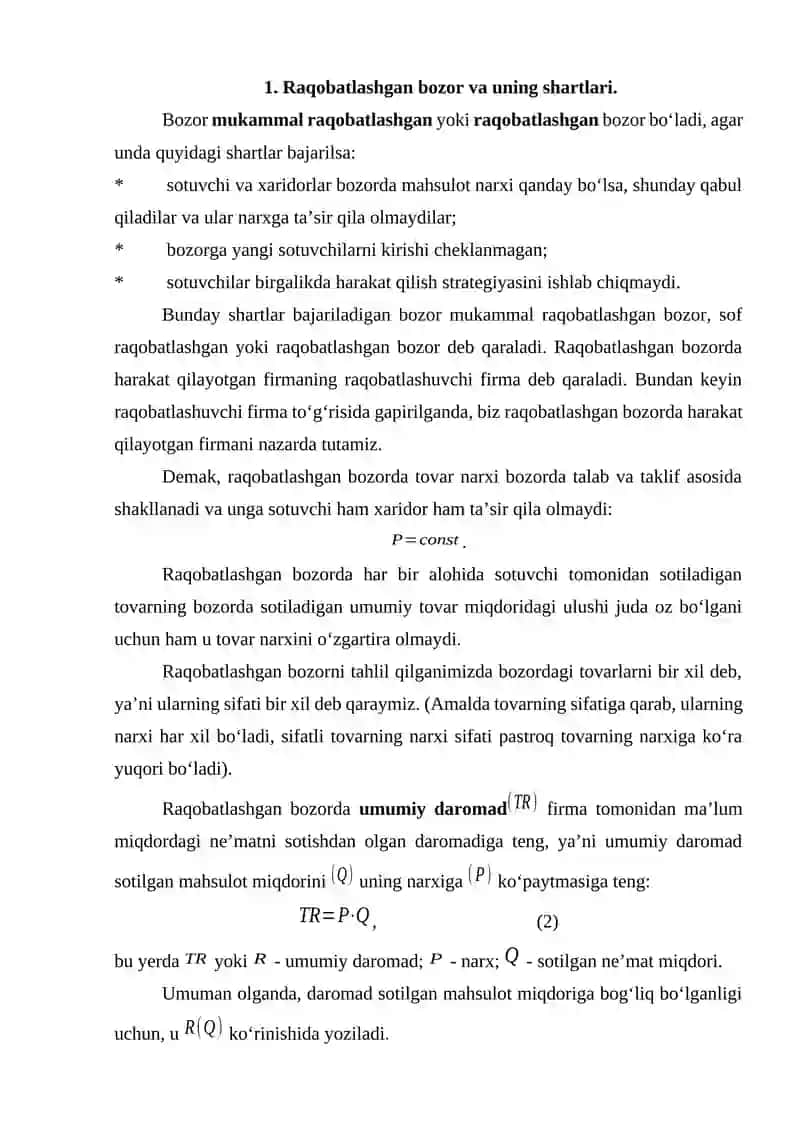 Raqobatlashgan bozorda qisqa muddatli oraliqda firma foydasini maksimallashtirish 2