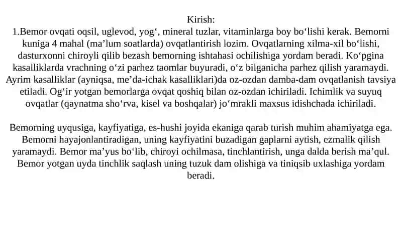 Bemorlarning ovqatlanishini tashkil qilish va sifatini nazorat qilish 2