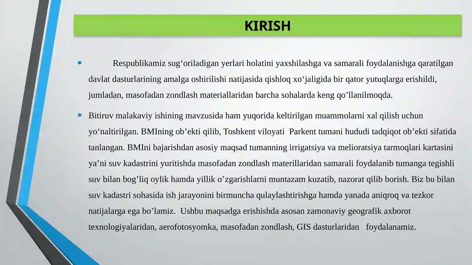 PARKENT TUMANIDA SUV KADASTRINI YURITISHDA MASOFADAN ZONDLASH MATERIALLARINI QO’LLASH BITIRUV MALAKAVIY ISHI 2