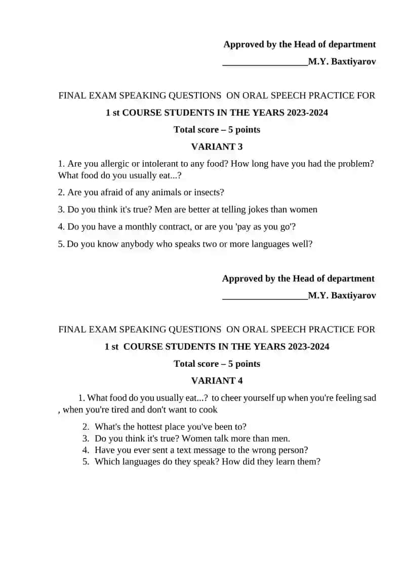 FINAL EXAM SPEAKING QUESTIONS ON ORAL SPEECH PRACTICE 2