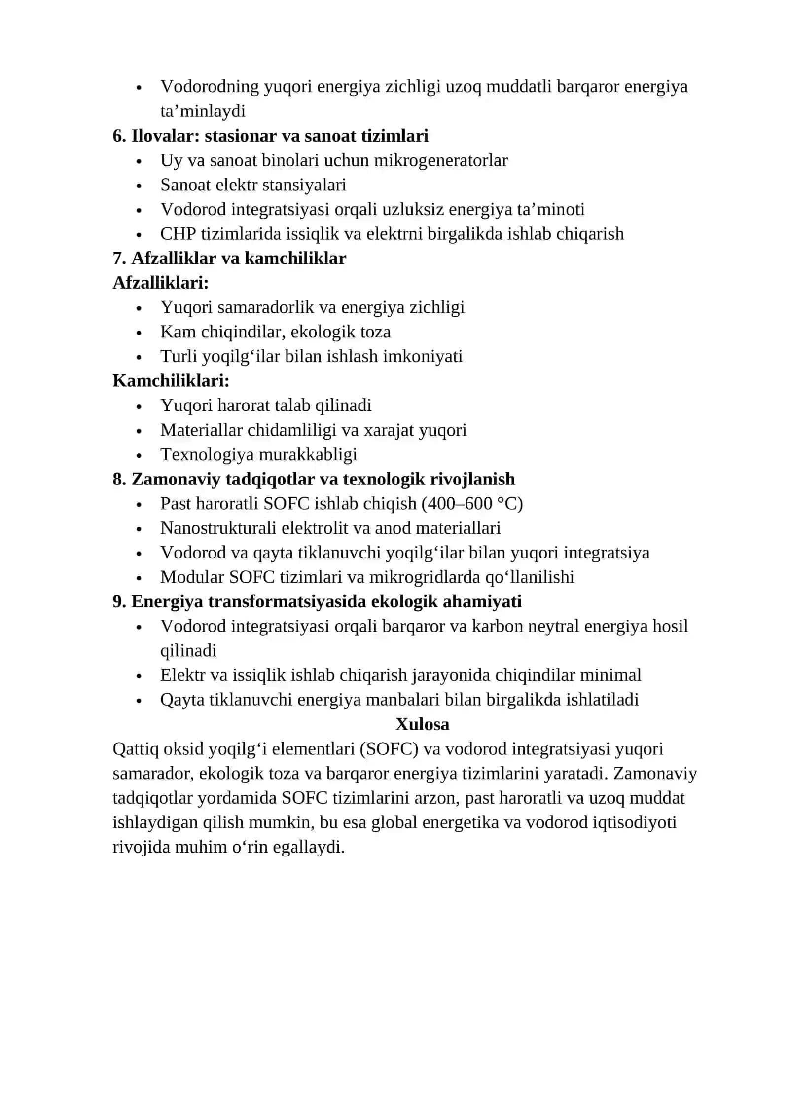 QATTIQ OKSID YOQILG‘I ELEMENTLARI (SOFC) VA VODOROD INTEGRATSIYASI 2