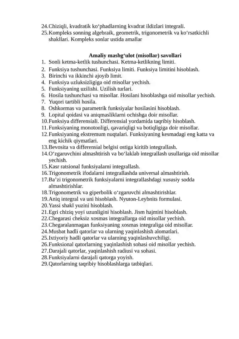 HISOB(CALCULUS)1,2 fanidan oraliq va yakuniy nazorat savollari 2