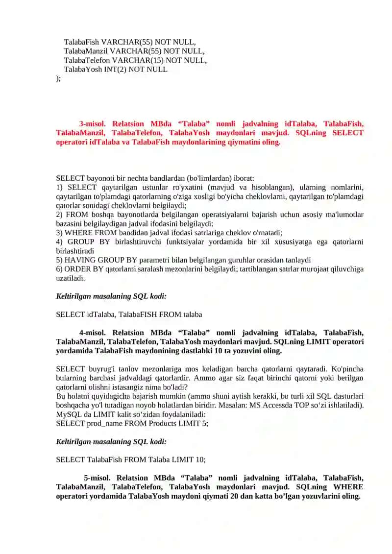 Relatsion MBda “Talaba” nomli jadval 2