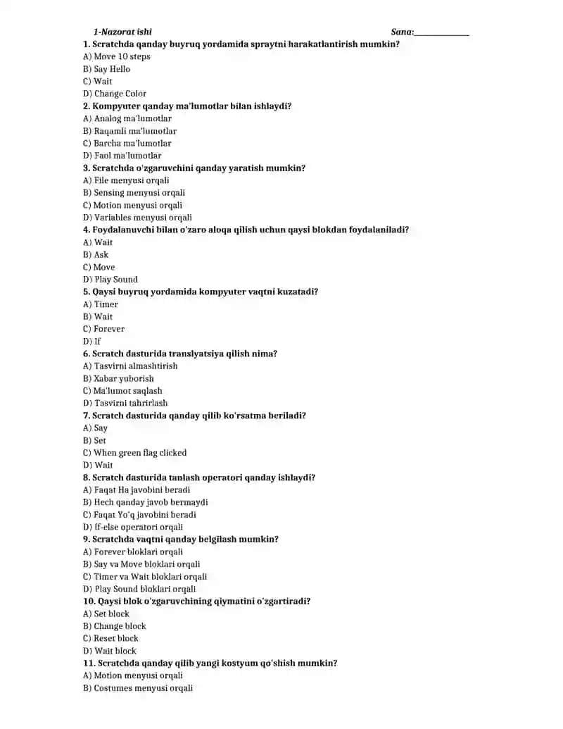 8-sinf informatika test yillik 2