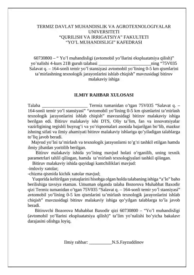 “75V035 Salavat q. – 164-sonli temir yo’l stansiyasi” “avtomobil yo’lining  0-5 km qismlarini  ta’mirlash texnologik jarayonlarini ishlab chiqish 2