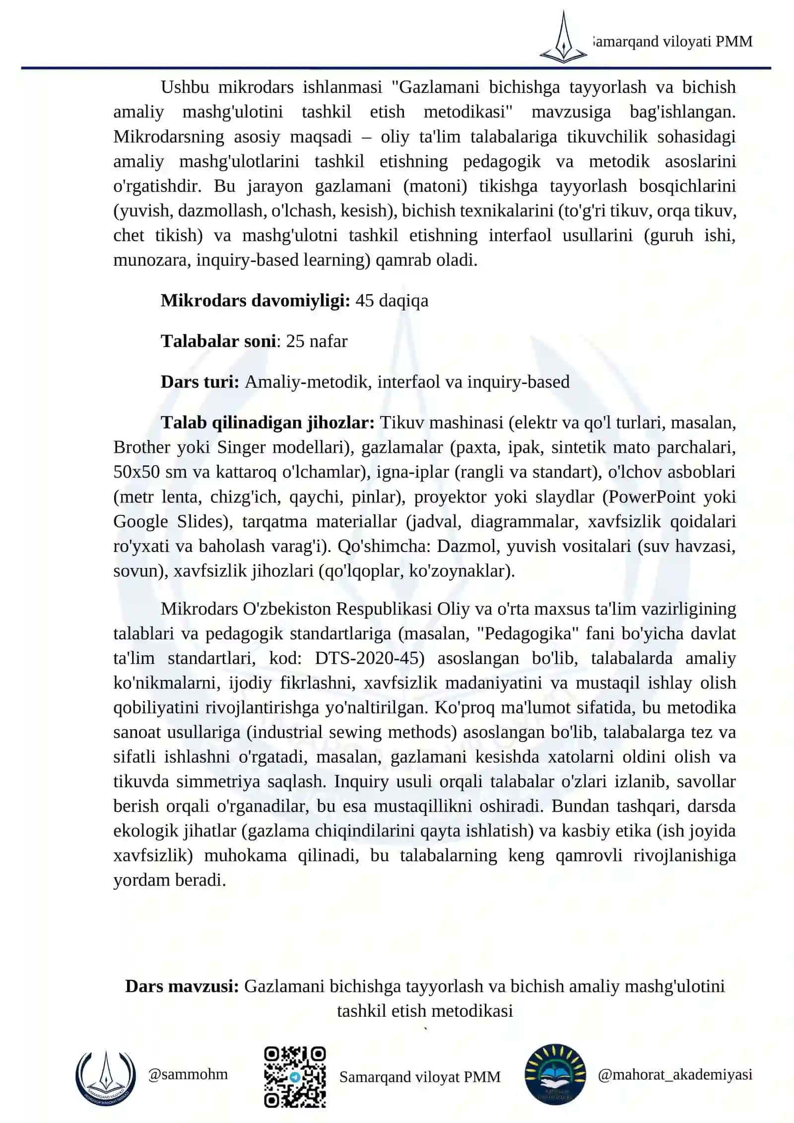 Gazlamani bichishga tayyorlash va bichish amaliy mashg'ulotini tashkil etish metodikasi 2
