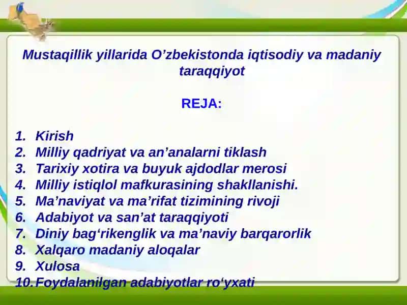 Mustaqillik yillarida O'zbekistondagi ma'naviy va madaniy taraqqiyot 2