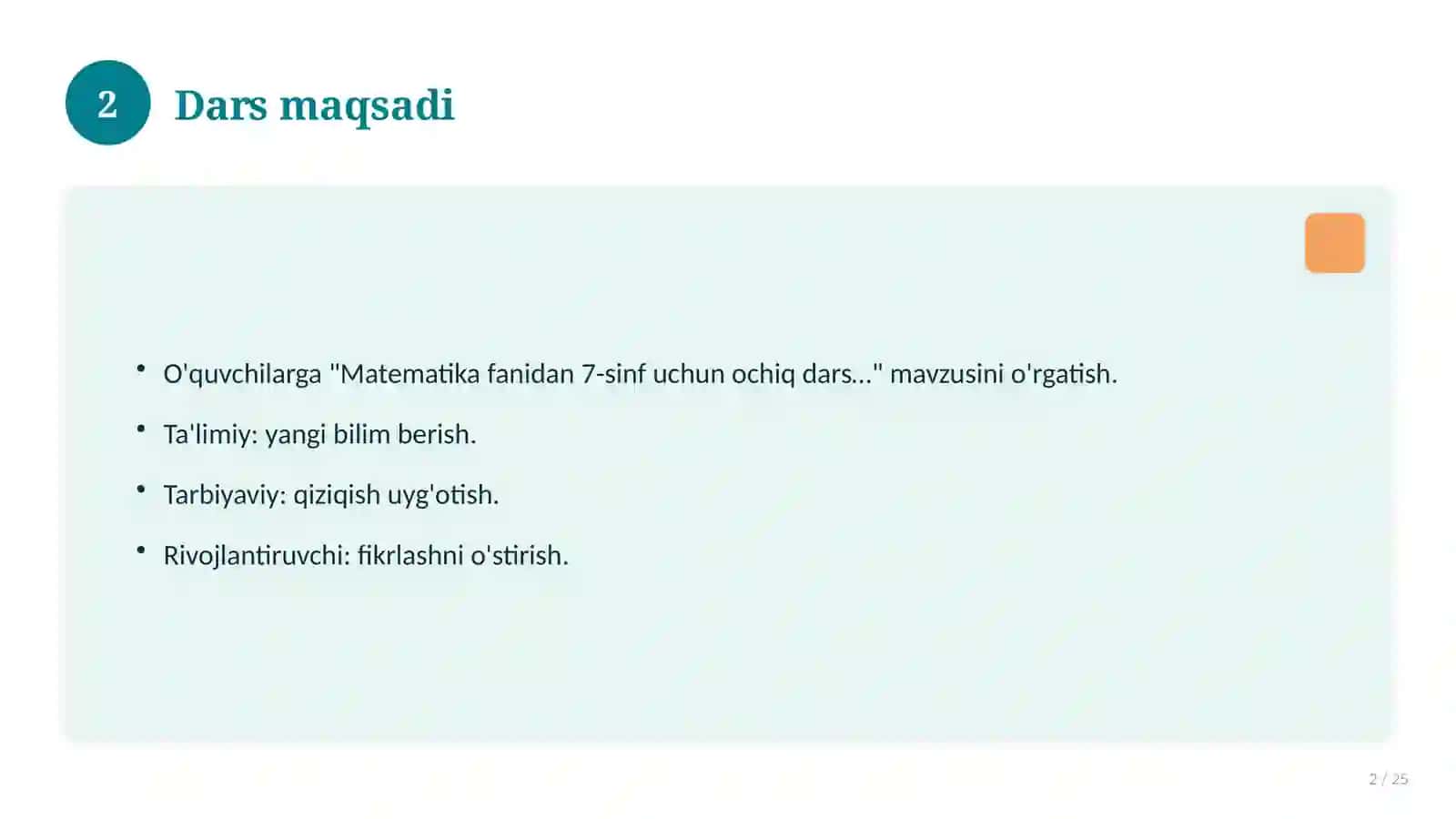 Matematika fanidan 7-sinf uchun ochiq dars ishlanmasi 2