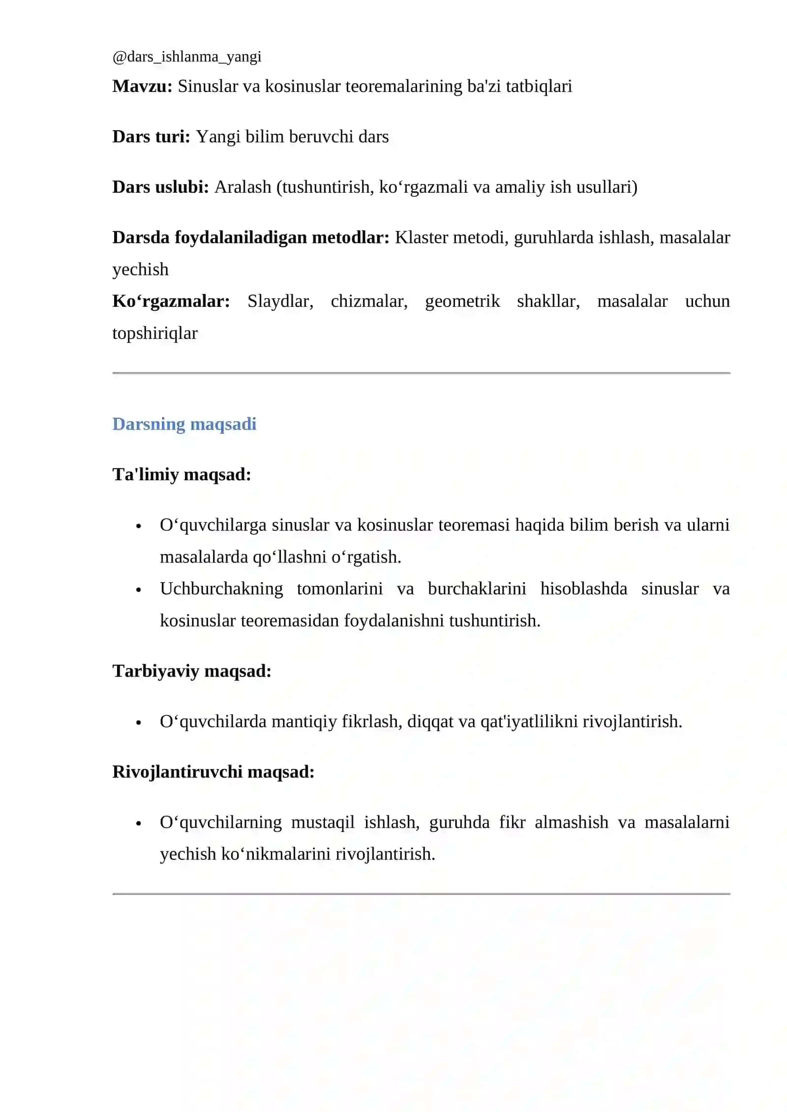Sinuslar va kosinuslar teoremalarining ba'zi tatbiqlari 2