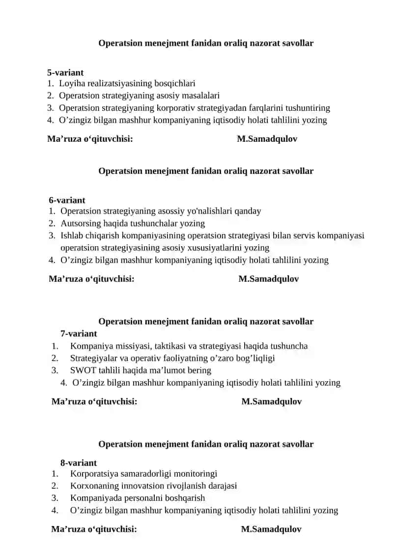 Operatsion menejment fanidan oraliq nazorat savollar 2