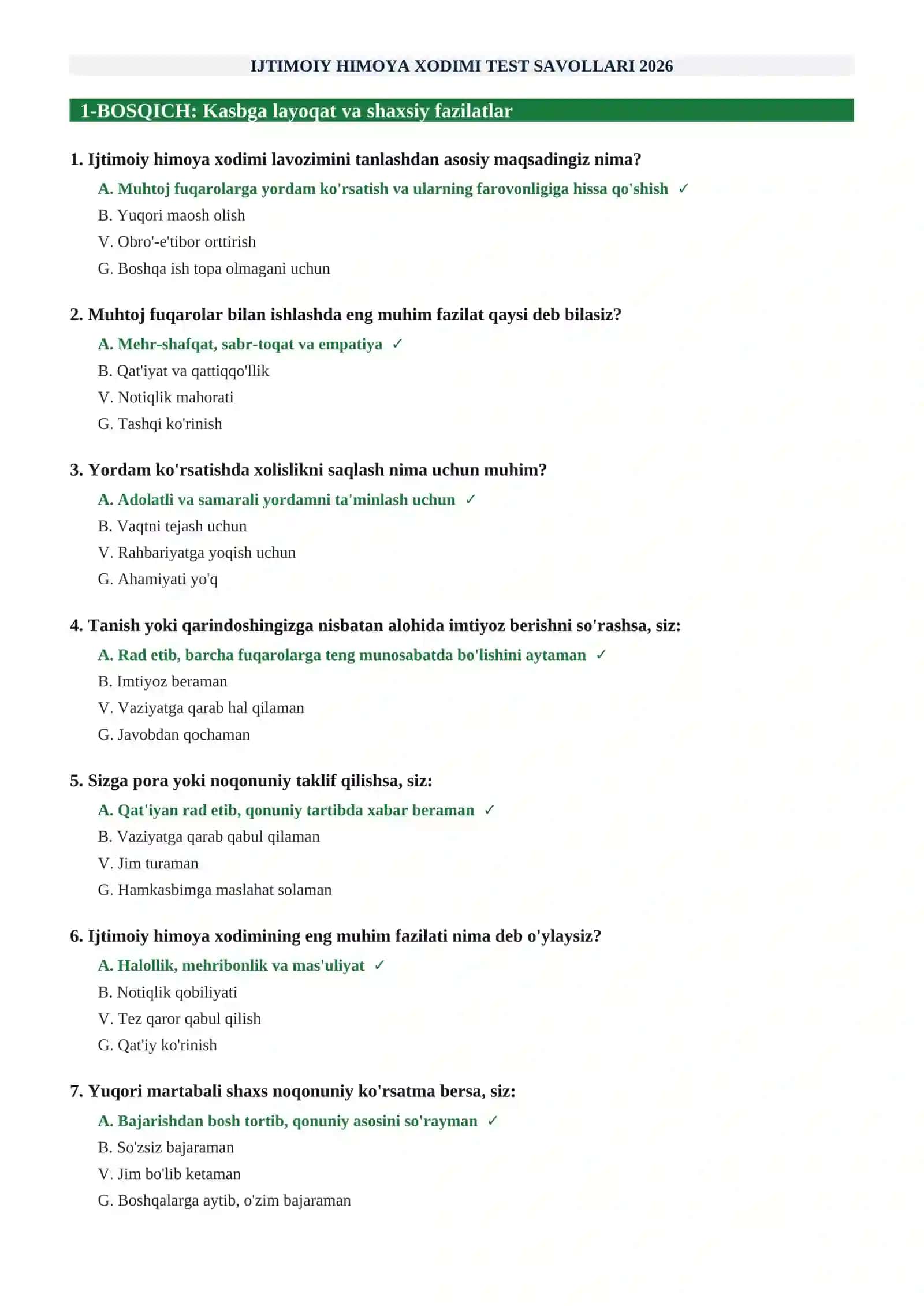 Ijtimoiy himoya tizimiga ishga kirish uchun testlar 2
