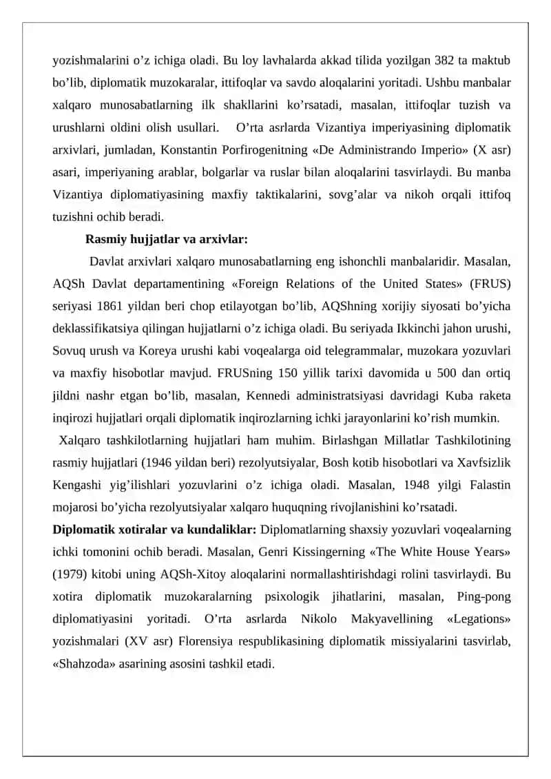 Xalqaro munosabatlar va diplomatiya tarixi fanining manbashunosligi ESSE 2