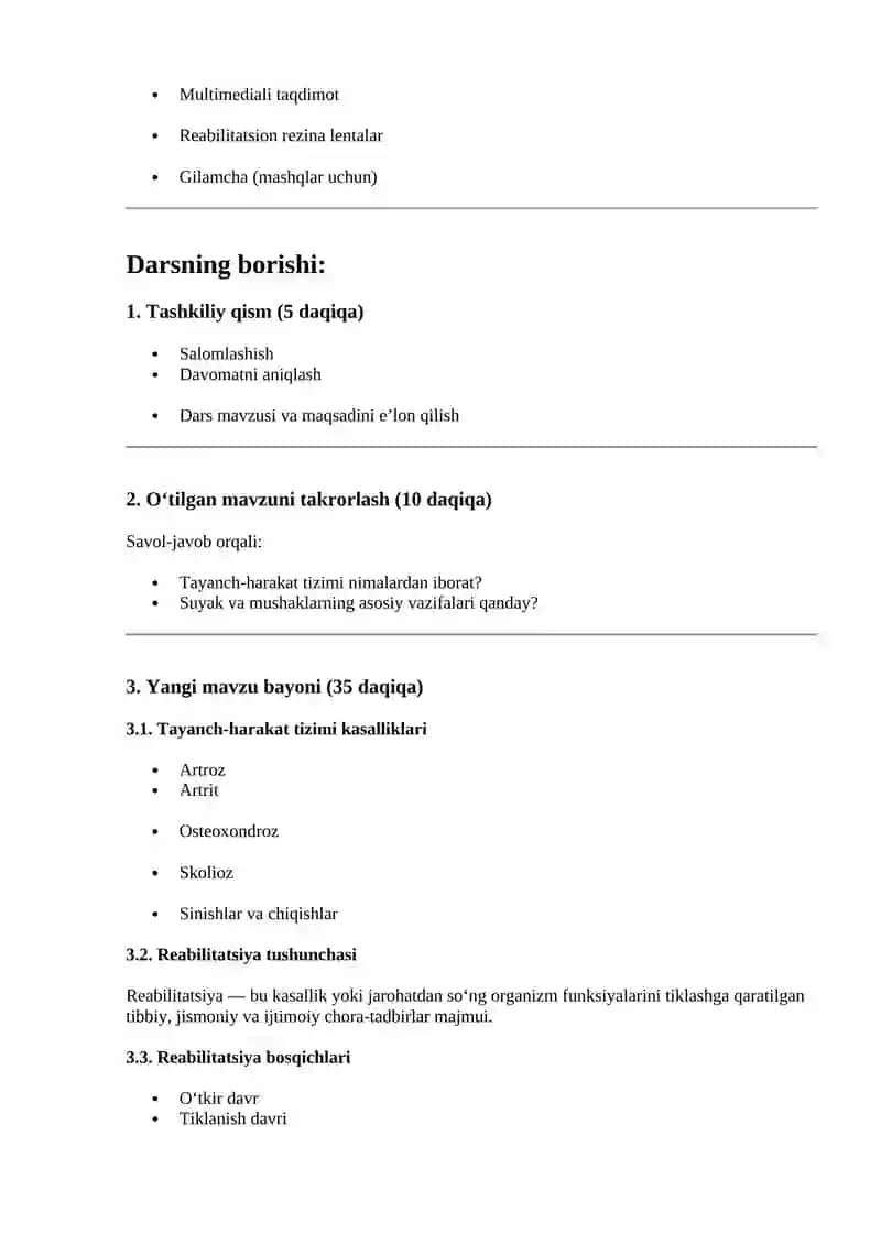 Tayanch-harakat Tizimi Kasalliklarida Reabilitatsiya — Dars Ishlanma 2